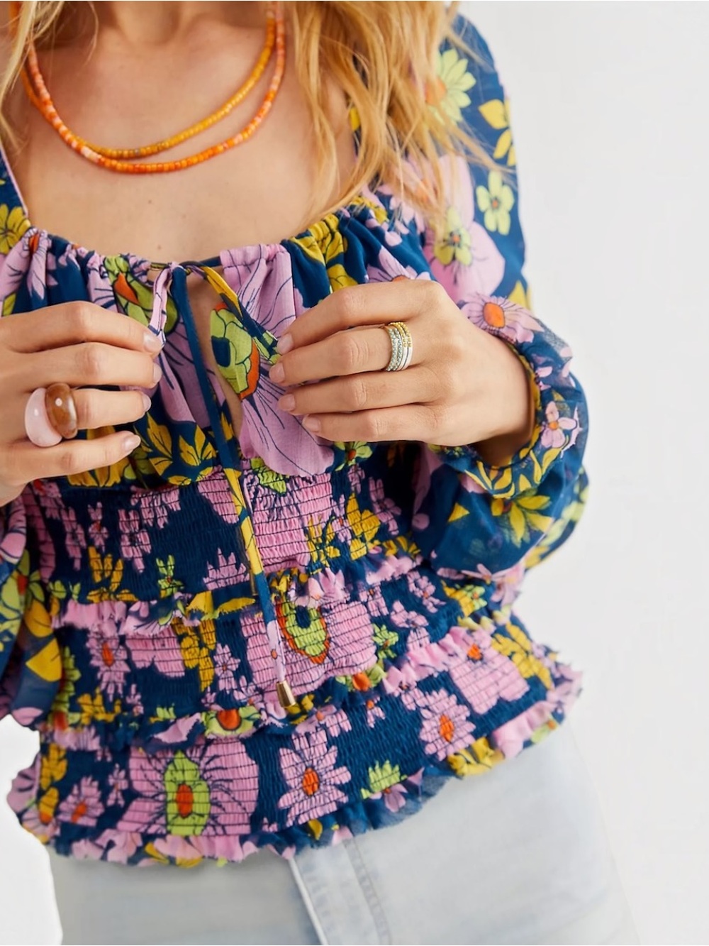 Free People Smocked Lolita Boho Top SZ M Ditzy Floral